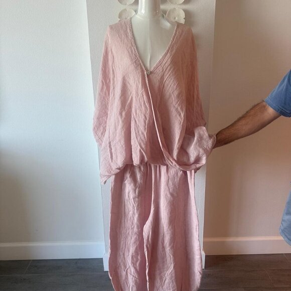 Italian Linen Two-Piece Set – Light Pink Tunic & Wide-Leg Pants – Made in Italy - Picture 5 of 12